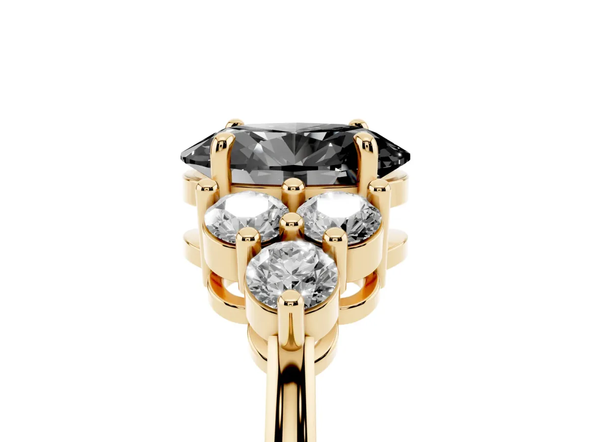 Fancy Black Oval Cut Brilliant Diamond Cluster Accent Solitaire Ring with Prong Setting Yellow gold