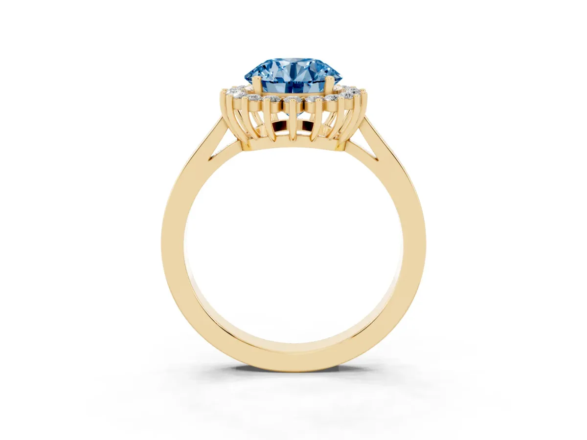 Fancy Blue Round Cut Cut Diamond Halo Ring with Round Brilliant Halo and Solitaire Band Yellow gold