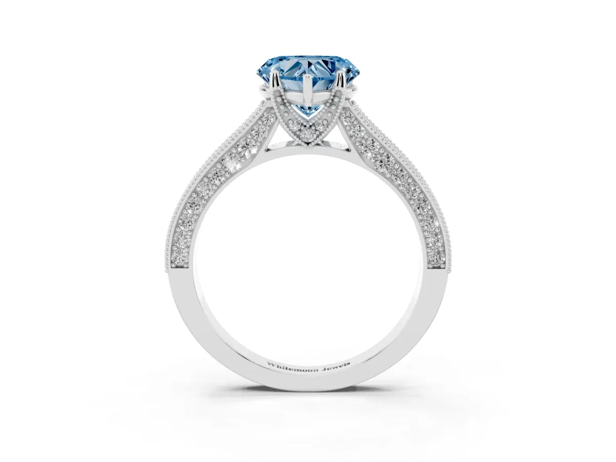 Fancy Blue Heart Cut Cut Diamond Solitaire Ring with Milgrain Pave Band and Four Prong Setting Platinum