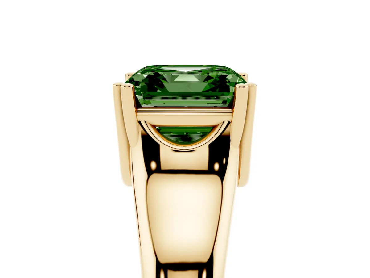 Fancy Green Asscher Cut Diamond Solitaire Ring with Wide Band and Prong Setting Yellow gold