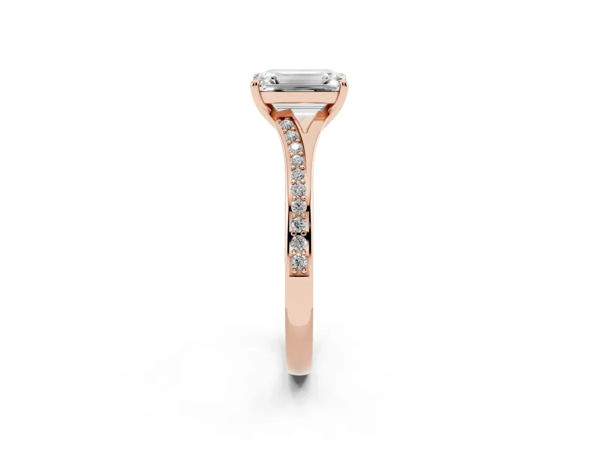 Emerald Cut Diamond Solitaire Ring with Pavé Band and Prong Setting Rose gold
