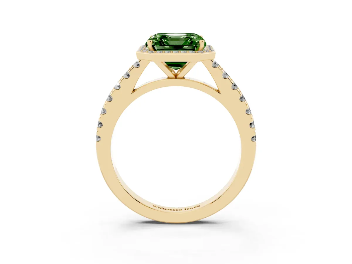 Fancy Green Asscher Cut Cut Halo Diamond Engagement Ring with Pave Band and Four-Prong Setting Yellow gold