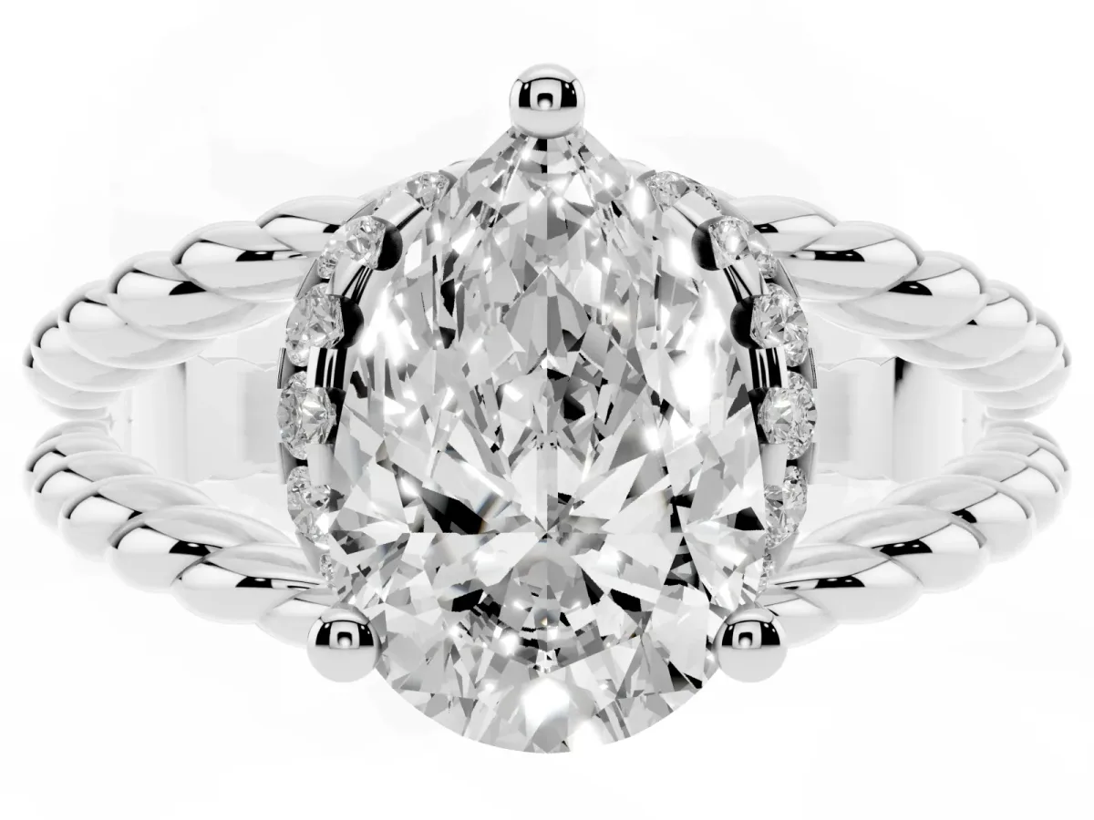 Pear Cut Halo Twisted Band Four-Prong Ring Platinum