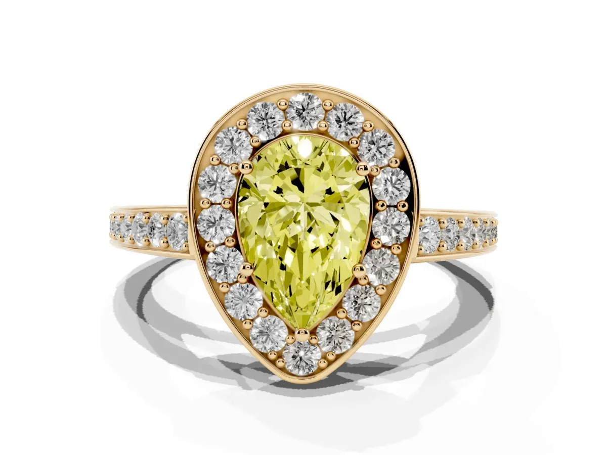 Fancy Yellow Pear Cut Halo Pavé Diamond Engagement Ring with Bezel Setting Yellow gold