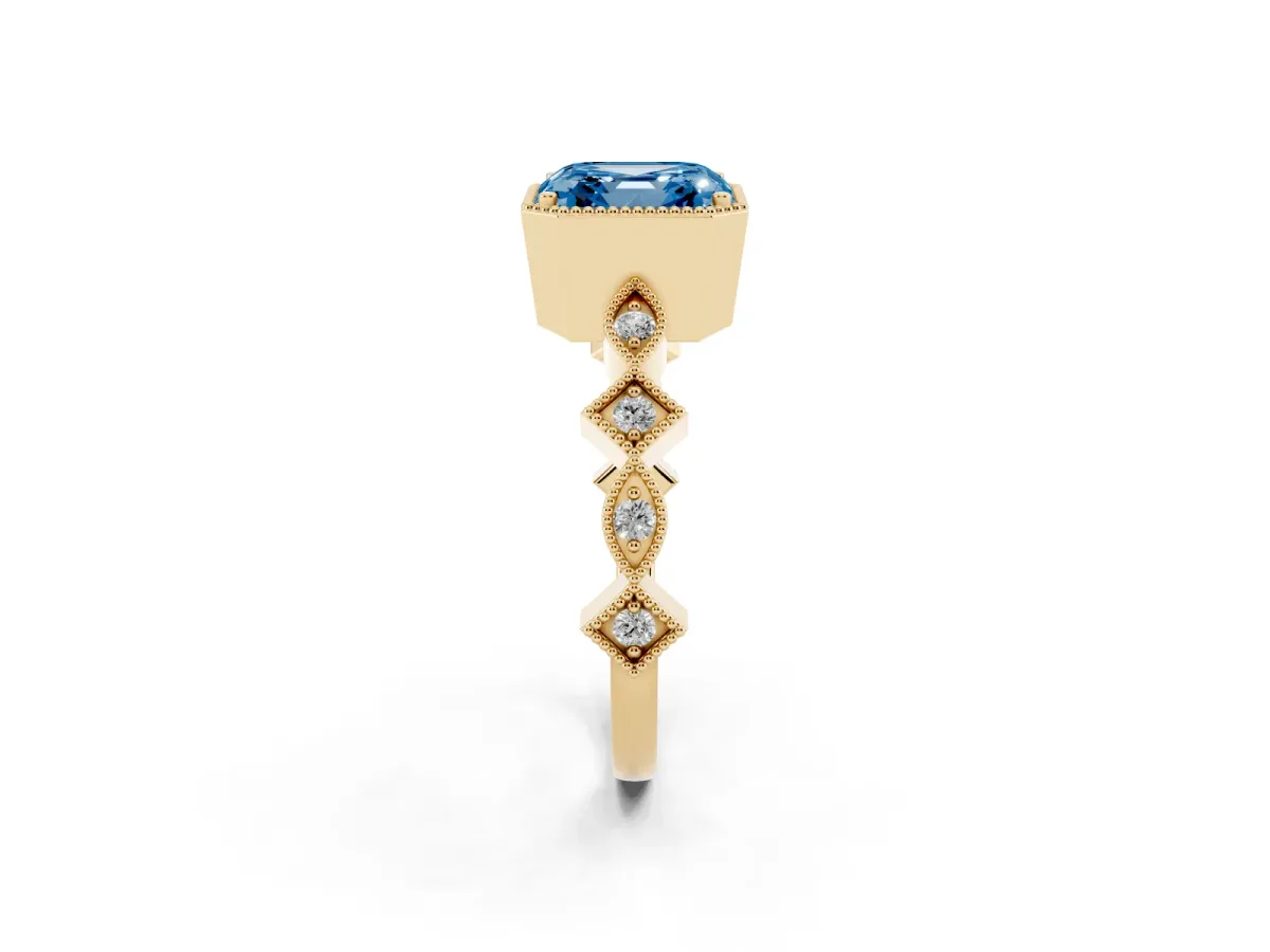 Fancy Blue Asscher Cut Milgrain Marquise Diamond Twist Band Ring Yellow gold