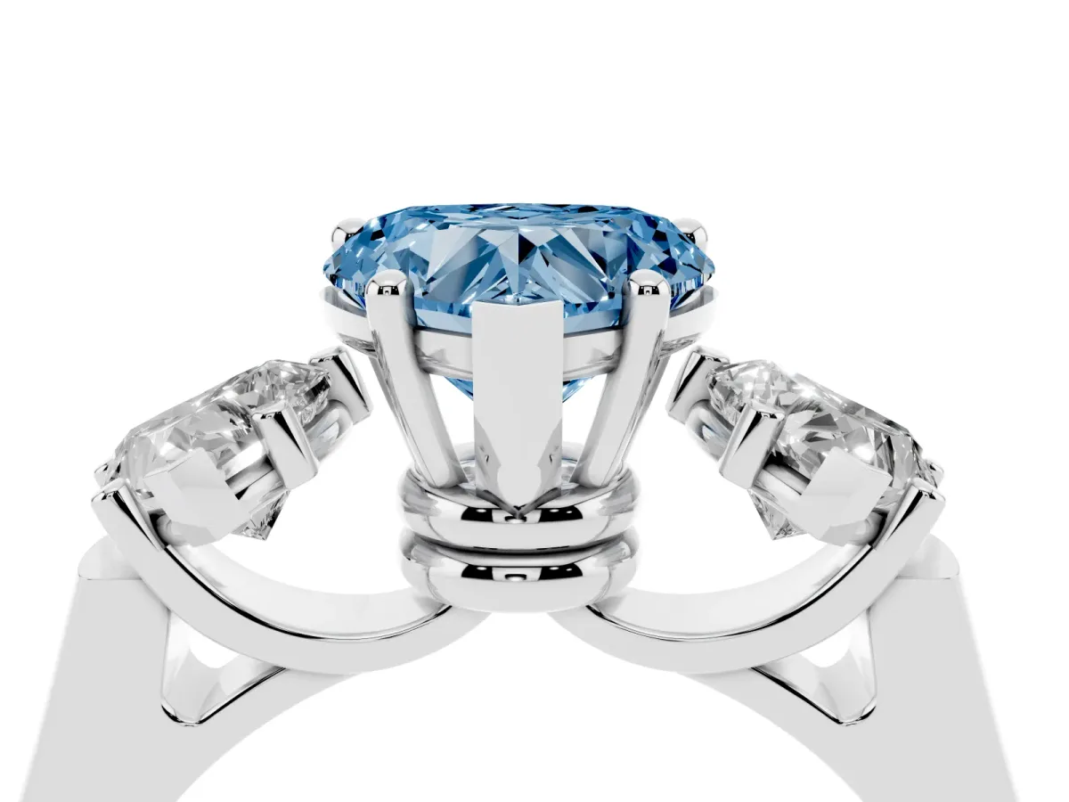 Fancy Blue Three-Stone Heart Cut Brilliant Diamond Trellis Ring with Comfort Fit Band Silver