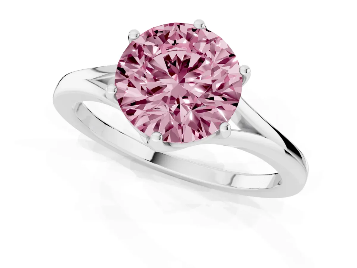 Fancy Pink Round Cut Solitaire Diamond Ring with Six-Prong Setting and Tapered Band Silver