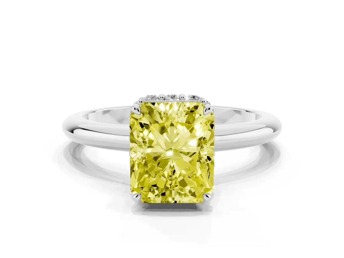 Fancy Yellow Radiant Cut Brilliant Solitaire Engagement Ring with Six-Prong Setting and Classic Band Silver