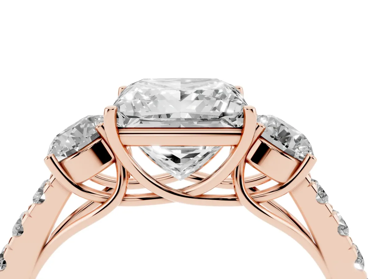 Princess Cut Cut Diamond Three-Stone Ring with Round Side Stones and Pavé Band Rose gold