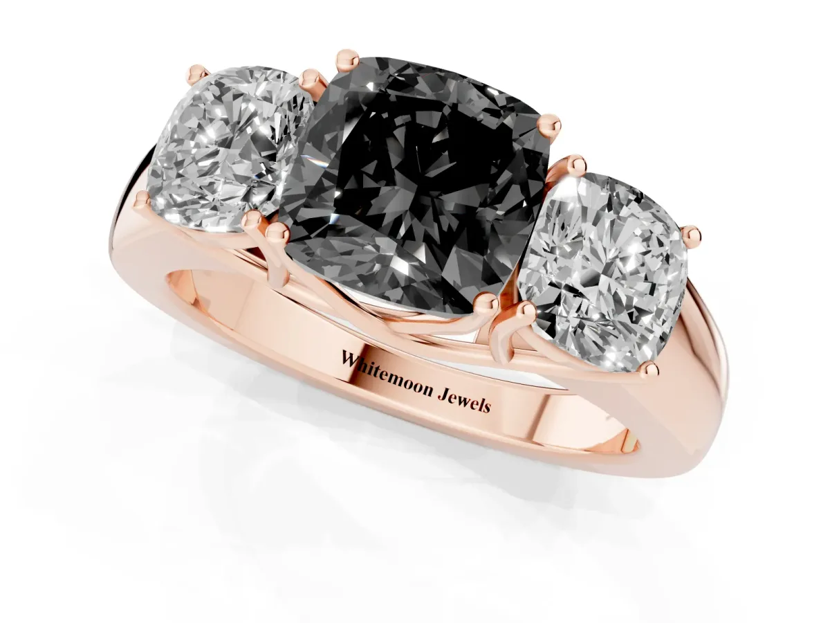 Fancy Black Three-Stone Cushion Cut Cut Diamond Ring with Prong Setting and Classic Band Rose gold