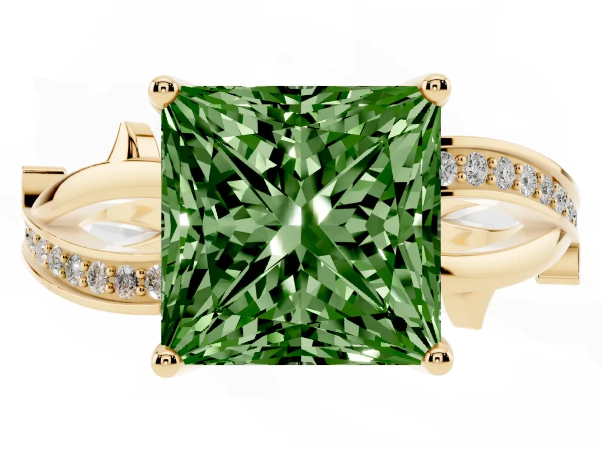 Fancy Green Princess Cut Solitaire Twist Band with Pavé Accents and Four-Prong Setting Yellow gold