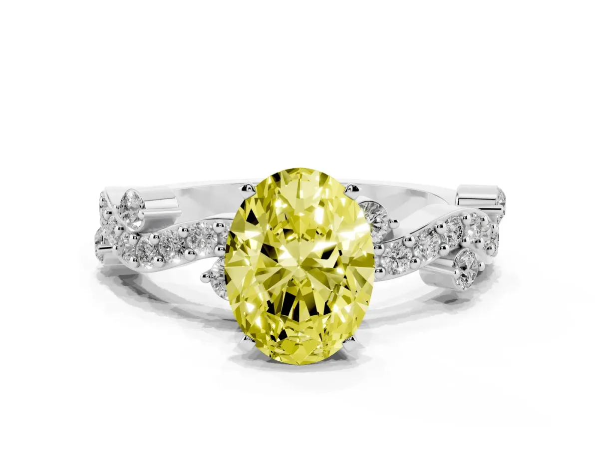 Fancy Yellow Oval Cut Cut Solitaire Diamond Twisted Band with Pave Setting Silver