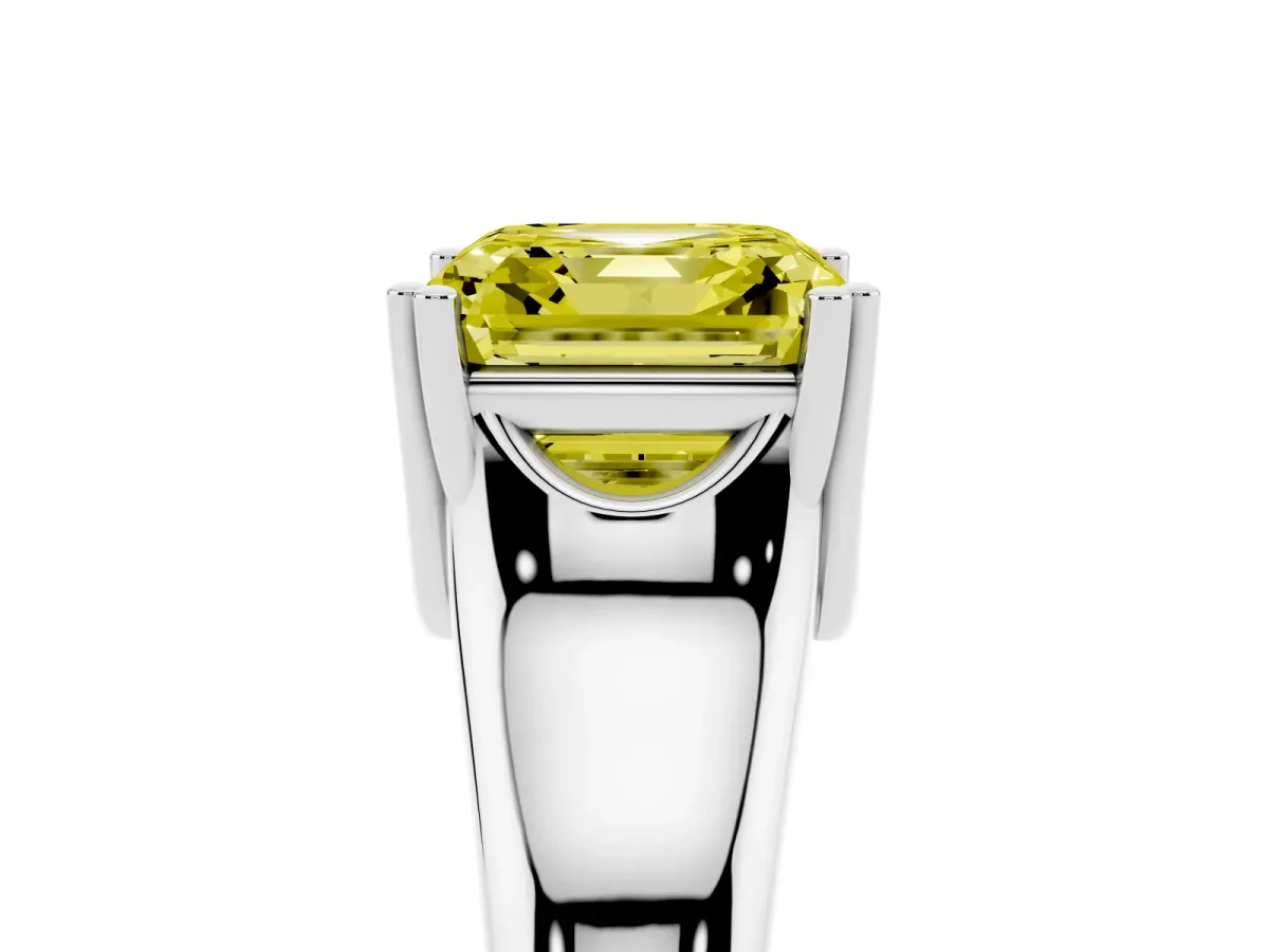 Fancy Yellow Asscher Cut Diamond Solitaire Ring with Wide Band and Prong Setting Platinum
