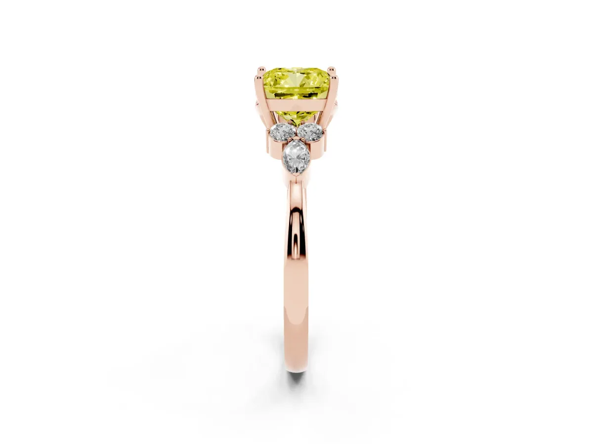 Fancy Yellow Cushion Cut Brilliant Diamond Solitaire Ring with Pear Side Stones and Four-Prong Setting Rose gold