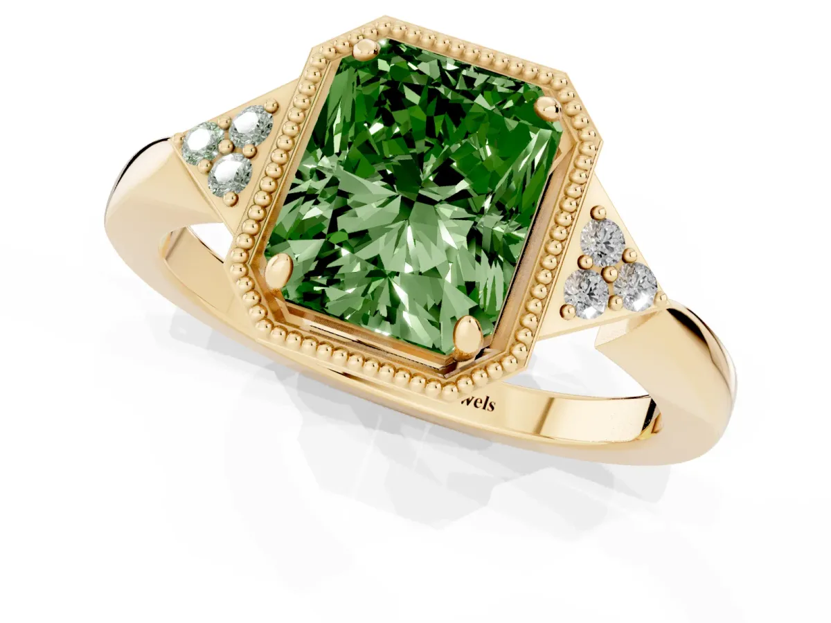 Fancy Green Hexagonal Halo Radiant Cut Diamond Solitaire with Pavé Band and Four-Prong Setting Yellow gold