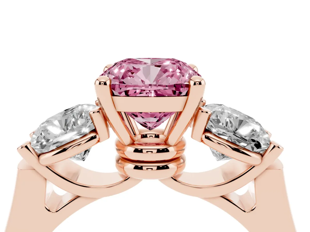 Fancy Pink Three-Stone Cushion Cut Brilliant Diamond Trellis Ring with Comfort Fit Band Rose gold