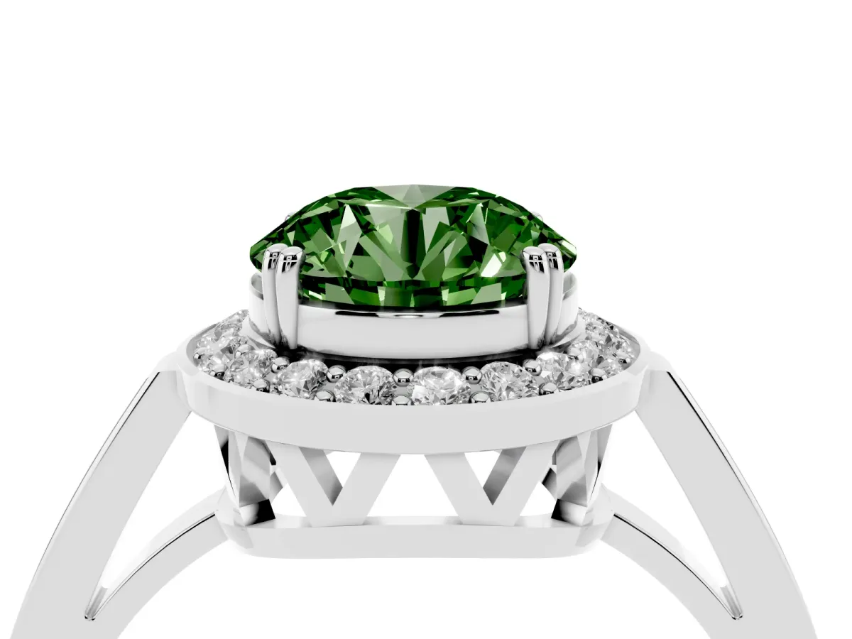 Fancy Green Round Cut Diamond Halo Ring with Split Shank and Four-Prong Setting Silver