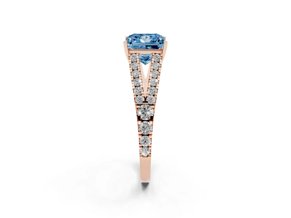 Fancy Blue Princess Cut Diamond Split Shank Engagement Ring with Round Pavé and Prong Setting Rose gold