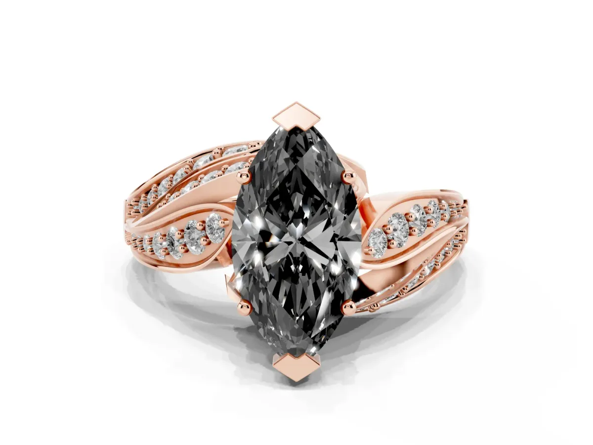 Fancy Black Marquise Cut Diamond Solitaire Ring with Prong Setting and Twisted Pavé Band Rose gold