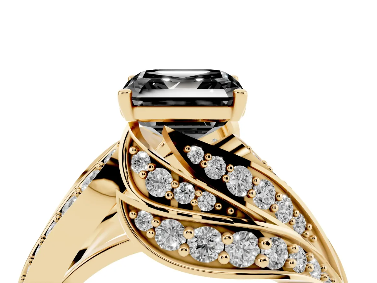 Fancy Black Asscher Cut Diamond Solitaire Ring with Prong Setting and Twisted Pavé Band Yellow gold
