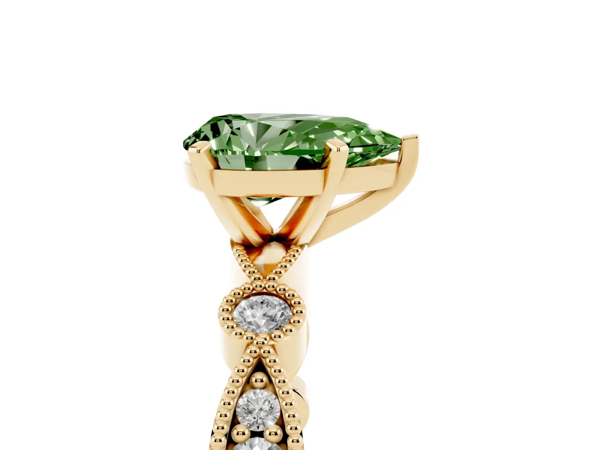 Fancy Green Pear Cut Milgrain Bezel Diamond Engagement Ring with Solitaire Prong Setting Yellow gold