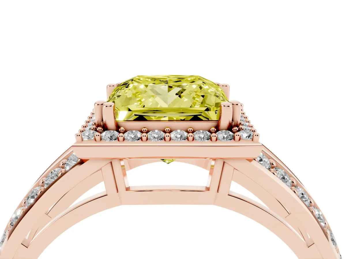 Fancy Yellow Princess Cut Diamond Halo Ring with Split Shank Pavé Band and Four-Prong Setting Rose gold