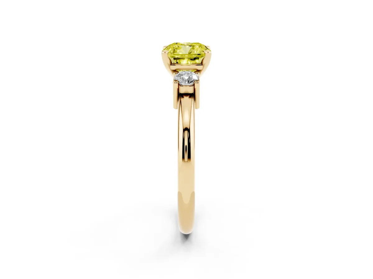 Fancy Yellow Three-Stone Cushion Cut Cut Diamond Solitaire with Prong Setting and Classic Band Yellow gold
