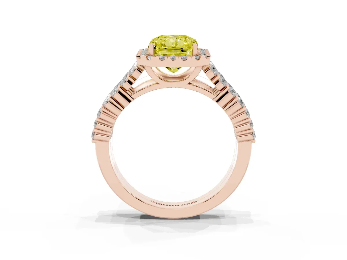 Fancy Yellow Radiant Cut Diamond Halo Engagement Ring with Triple Row Round Pavé Band and Prong Setting Rose gold