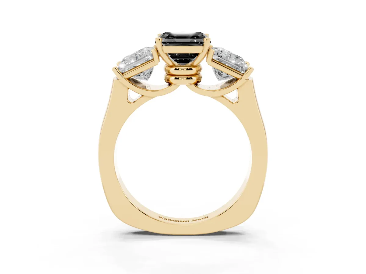 Fancy Black Three-Stone Asscher Cut Brilliant Diamond Trellis Ring with Comfort Fit Band Yellow gold