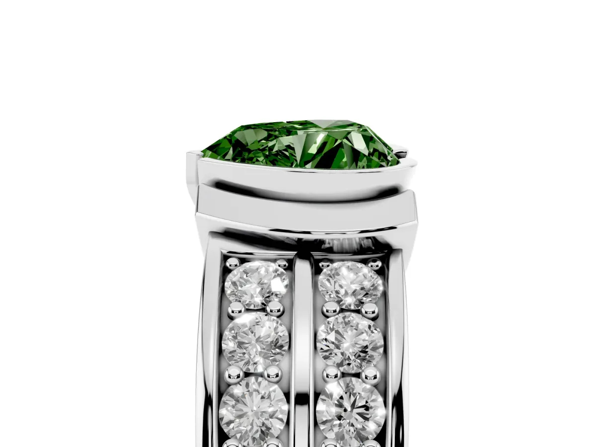 Fancy Green Heart Cut Brilliant Diamond Channel Set Wide Band Ring with Bezel Setting Platinum
