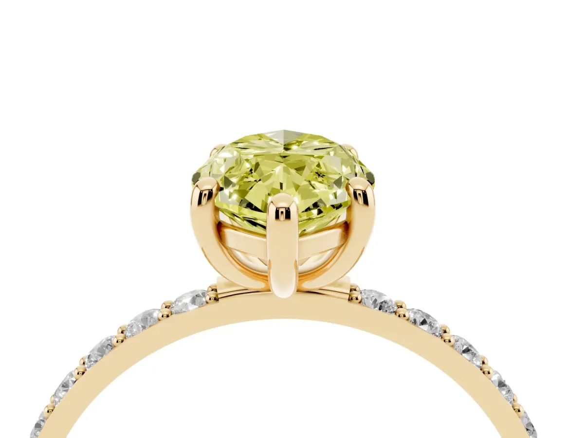 Fancy Yellow Marquise Cut Diamond Solitaire Ring with Round Pavé Band and Prong Setting Yellow gold
