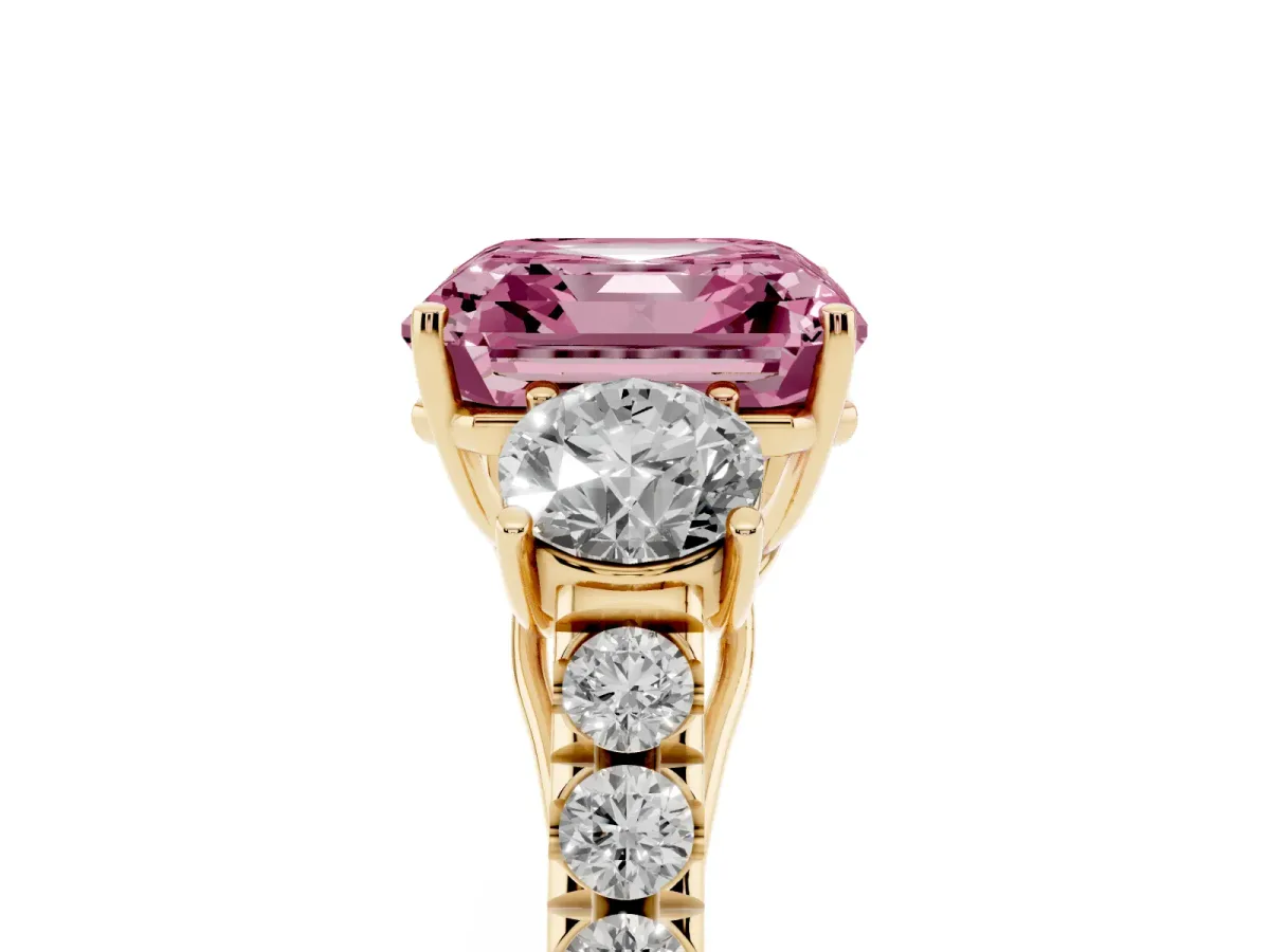 Fancy Pink Asscher Cut Cut Diamond Three-Stone Ring with Round Side Stones and Pavé Band Yellow gold