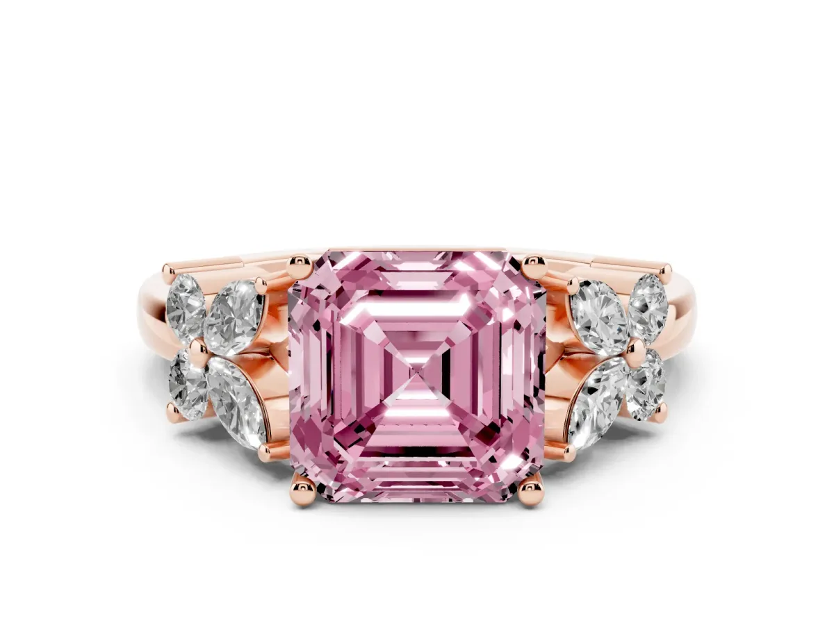 Fancy Pink Princess Cut Diamond Floral Cluster Ring with Solitaire Band and Prong Setting Rose gold