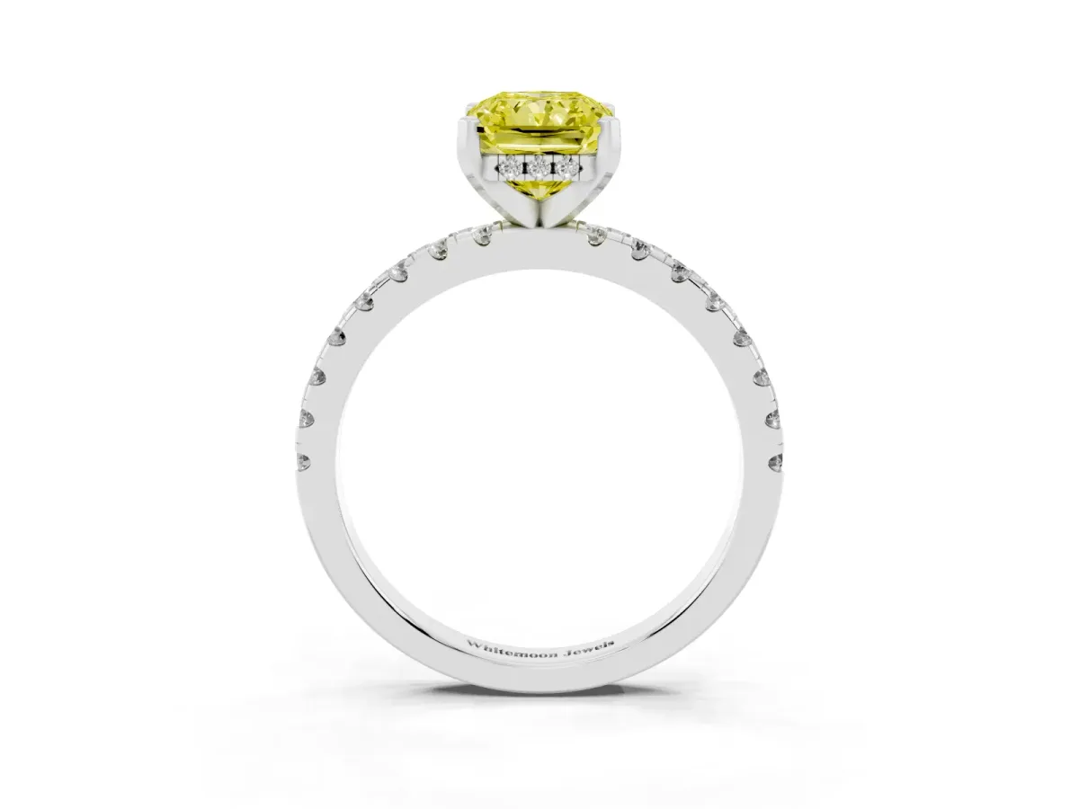 Fancy Yellow Radiant Cut Diamond Solitaire Ring with Round Pavé Band and Four-Prong Setting Silver
