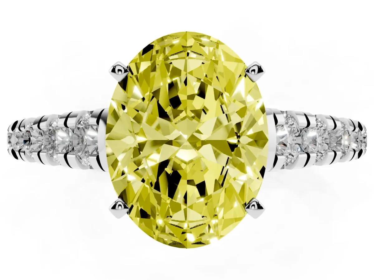 Fancy Yellow Oval Cut Diamond Cathedral Solitaire Ring with Round Pavé Band Silver