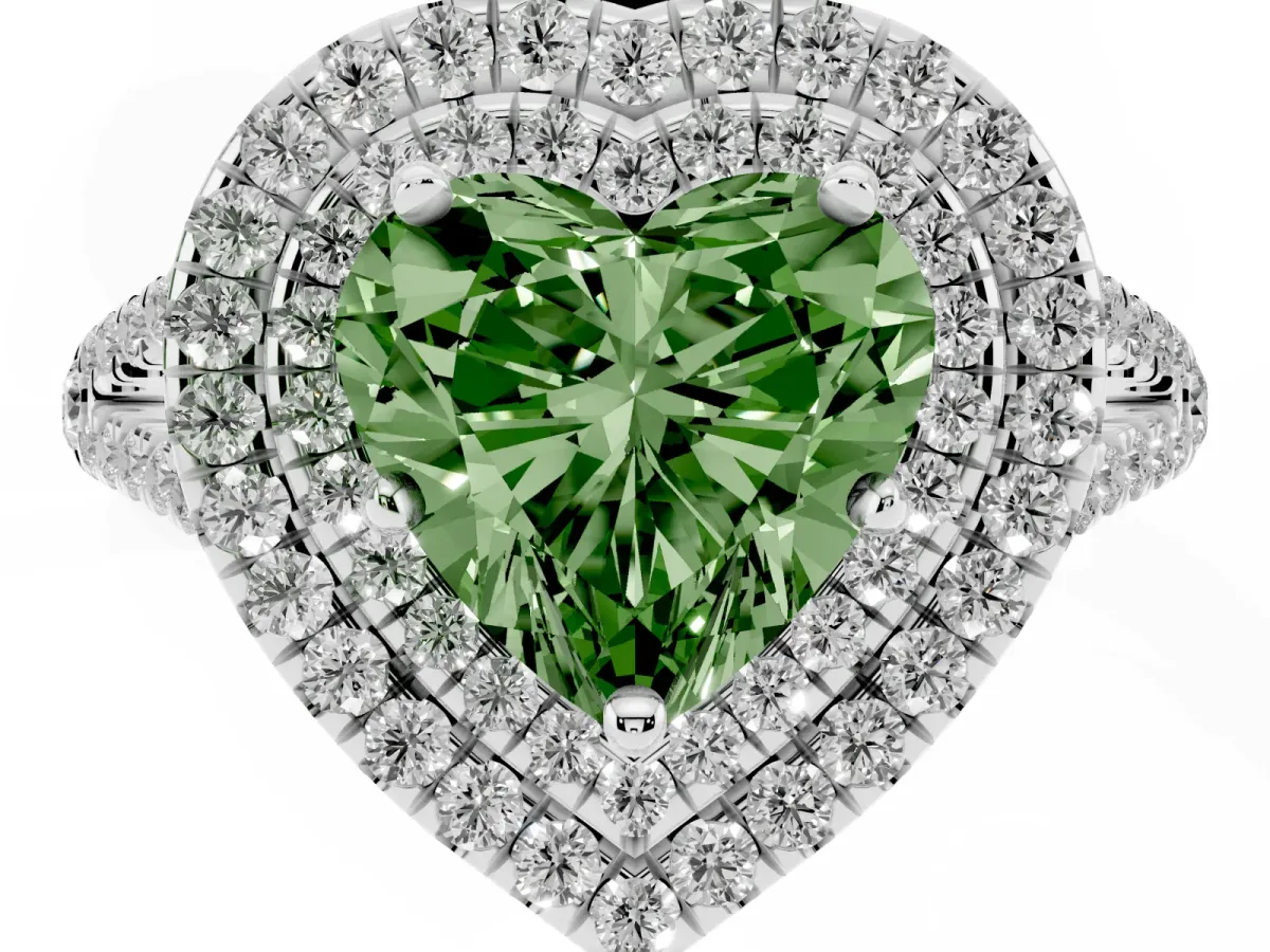 Fancy Green Heart Cut Diamond Double Halo Ring with Pavé Band and Prong Setting Silver