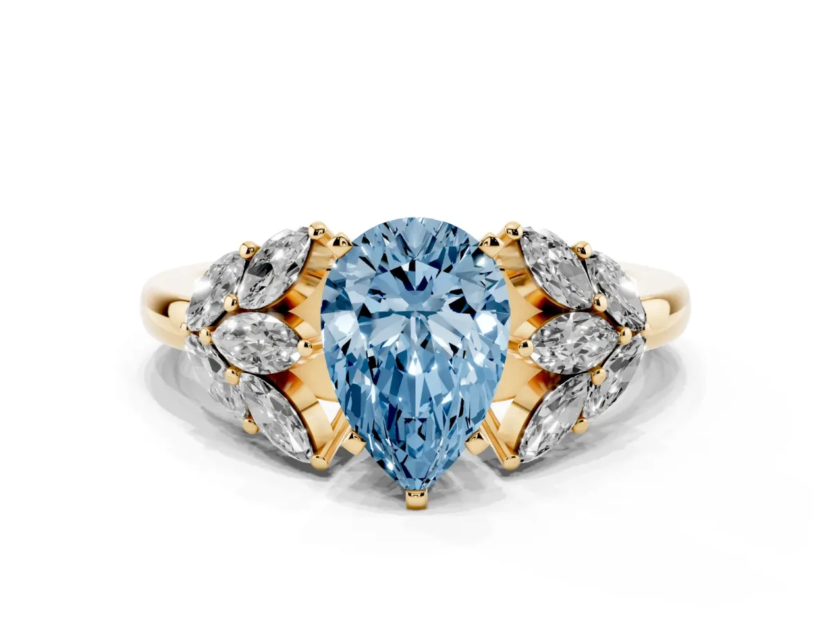 Fancy Blue Pear Cut Diamond Cluster Leaf Design Ring with Prong Setting Yellow gold