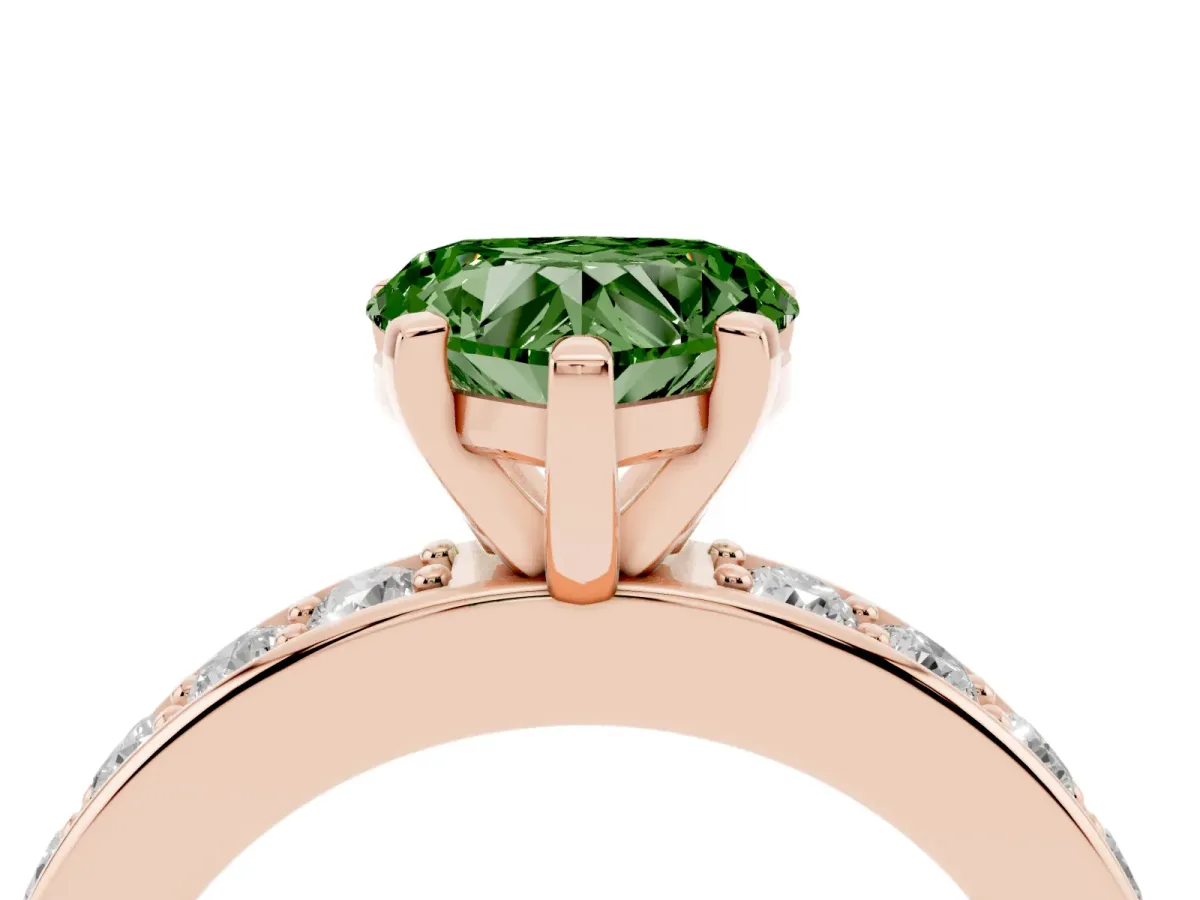 Fancy Green Heart Cut Diamond Engagement Ring with Channel Set Round Band and Prong Setting Rose gold