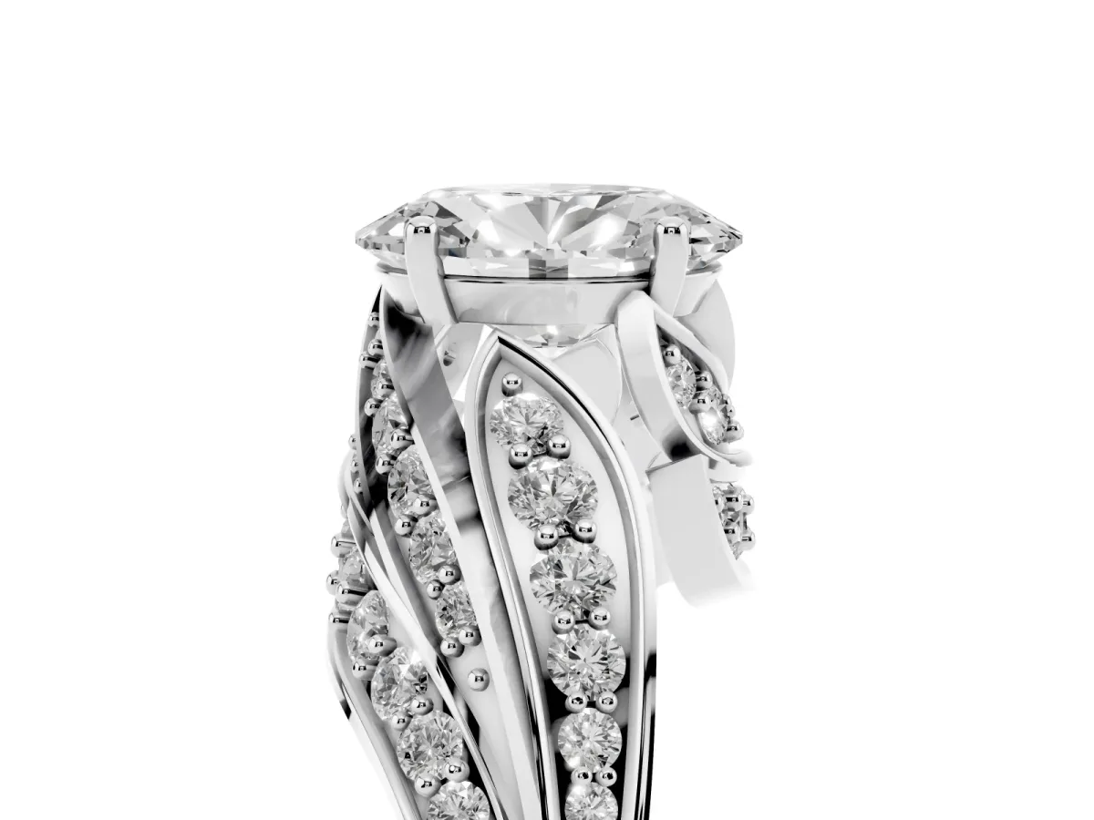 Oval Cut Diamond Solitaire Ring with Prong Setting and Twisted Pavé Band Silver
