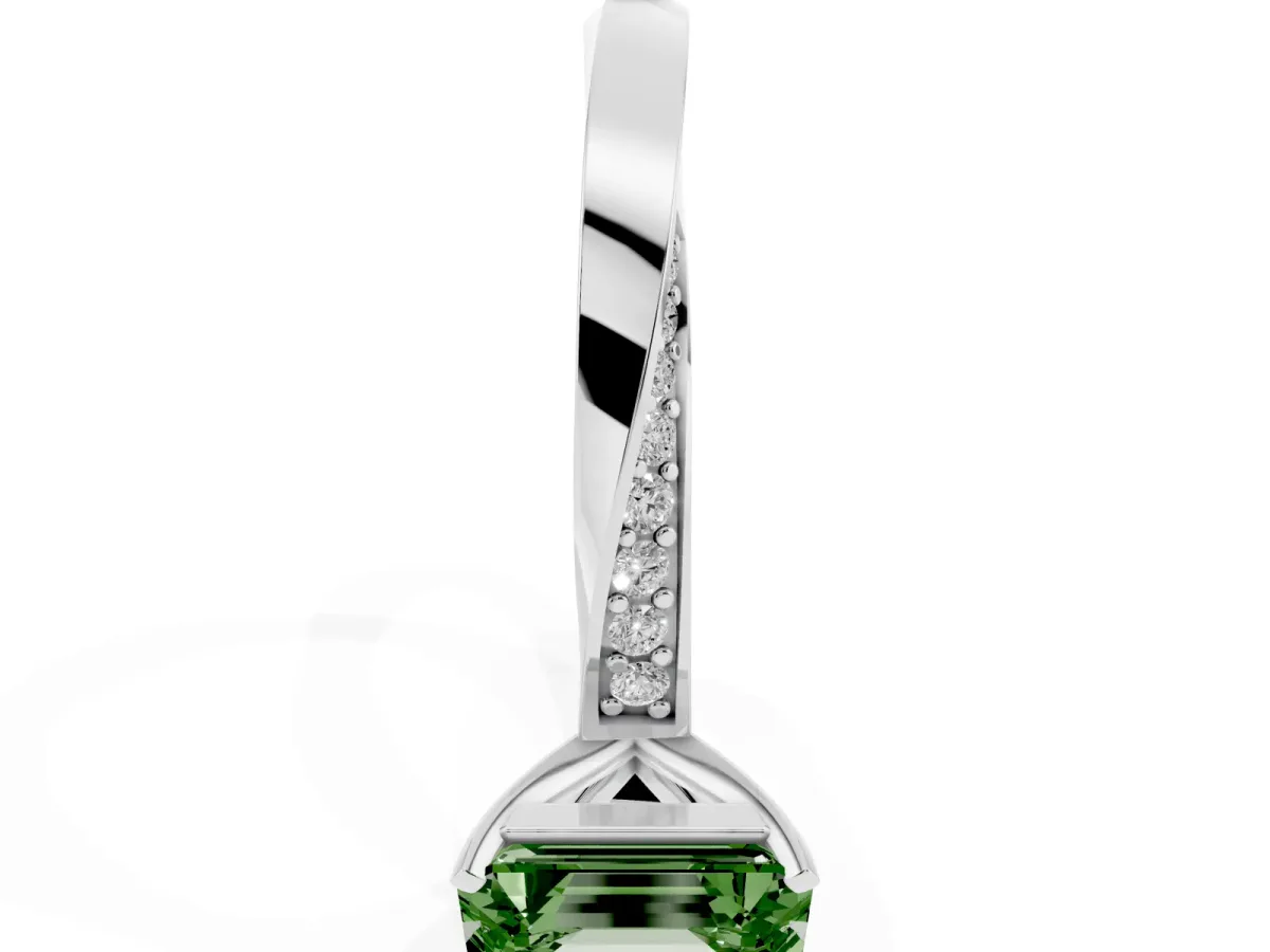Fancy Green Emerald Cut Diamond Engagement Ring with Side Stone Accents and Four-Prong Setting Silver