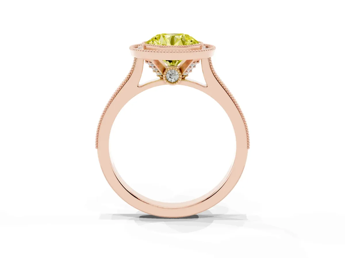 Fancy Yellow Halo Round Cut-Cut Diamond Pave Band Milgrain Prong Setting Ring Rose gold