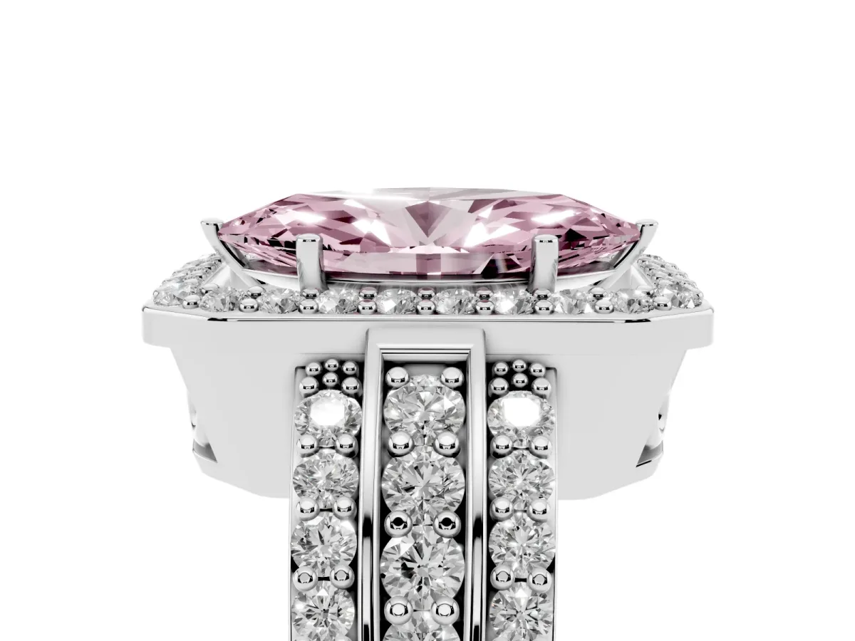 Fancy Pink Marquise Cut Halo Diamond Ring with Round Split Shank and Prong Setting Silver