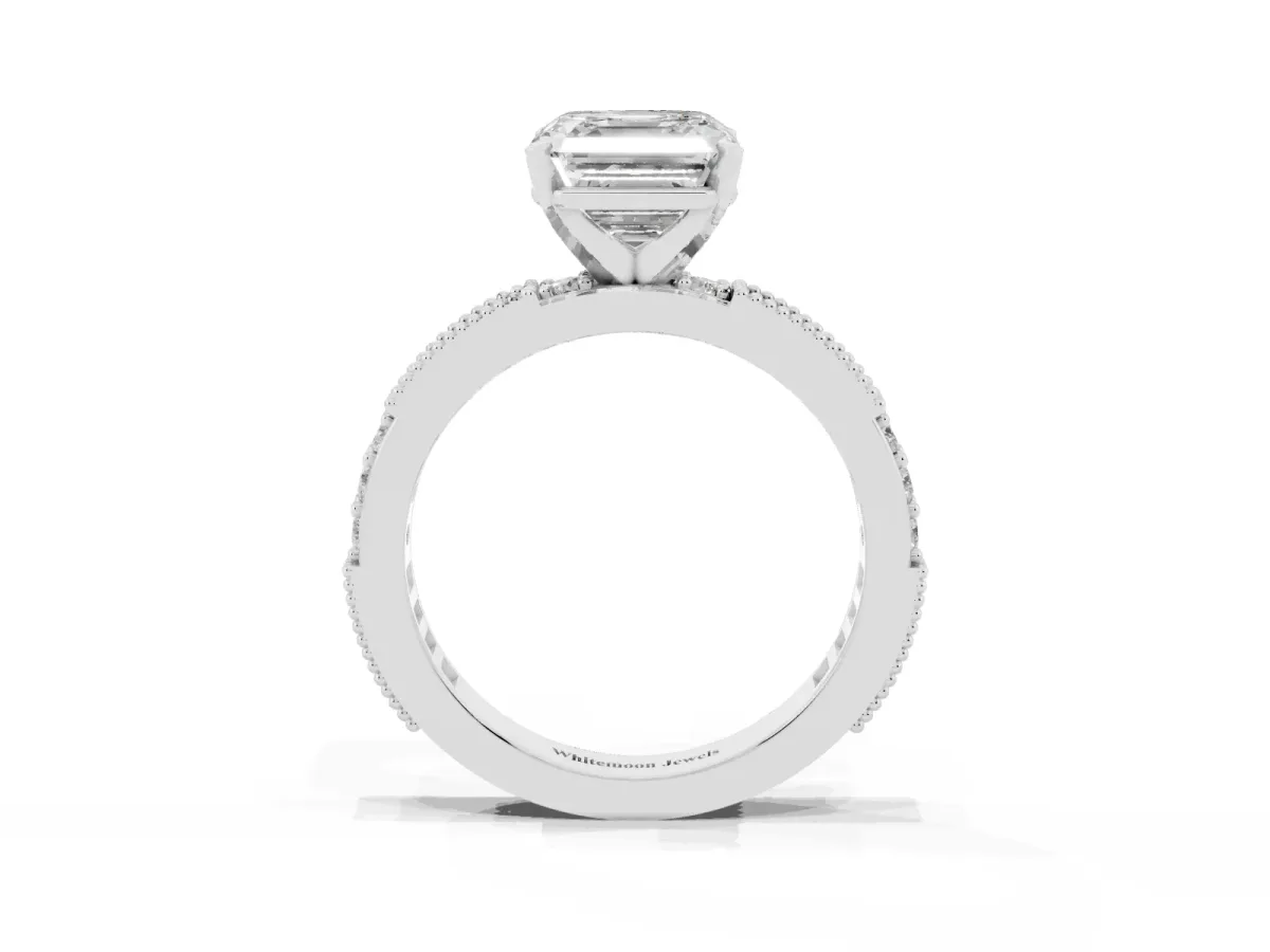 Asscher Cut Solitaire with Pavé Band and Four-Prong Setting Silver