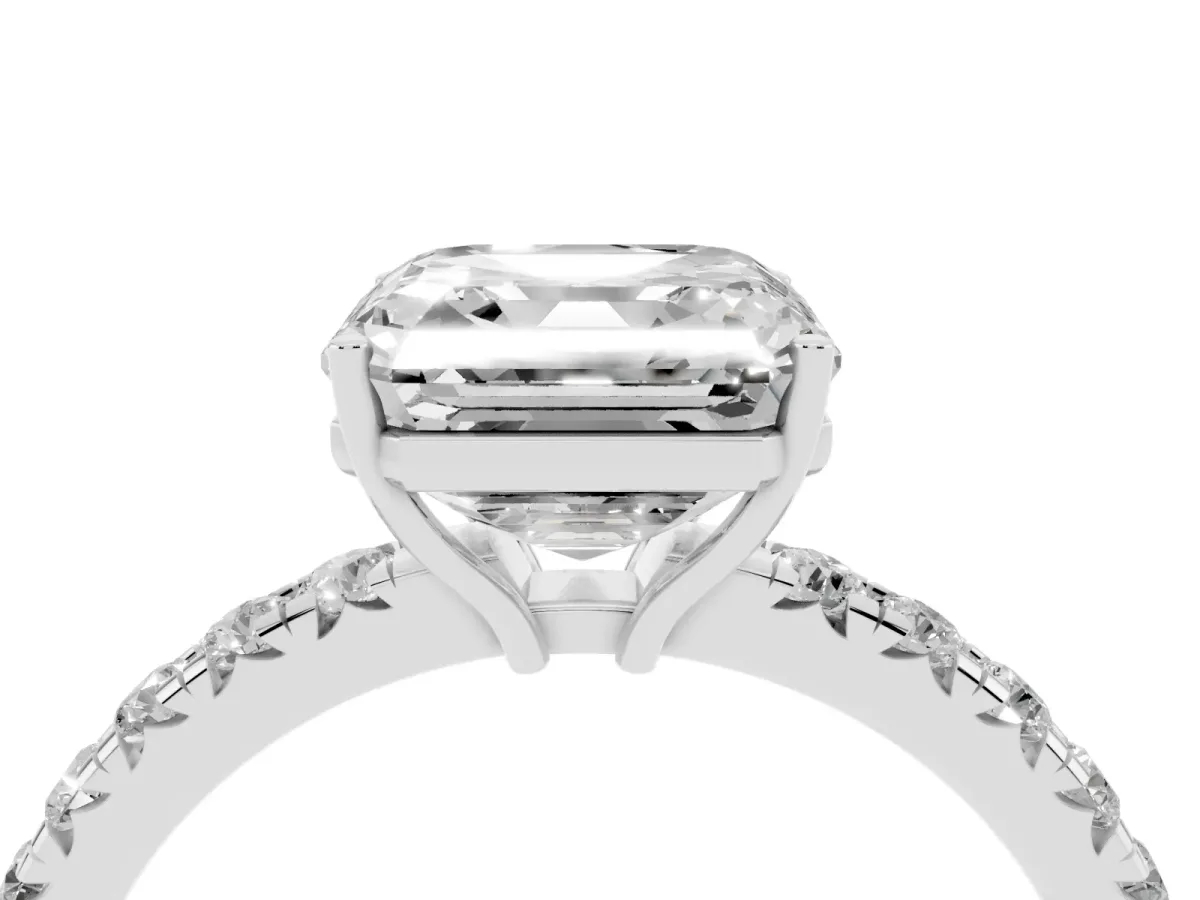 Asscher Cut Diamond Pavé Solitaire Engagement Ring with Four-Prong Setting Silver