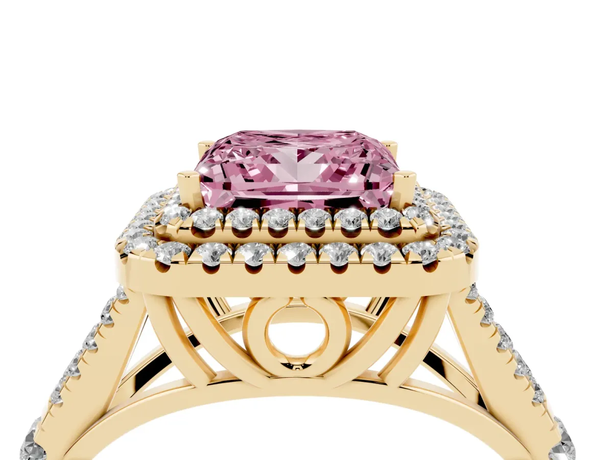 Fancy Pink Double Halo Princess Cut Diamond Split Shank Engagement Ring with Four-Prong Setting Yellow gold