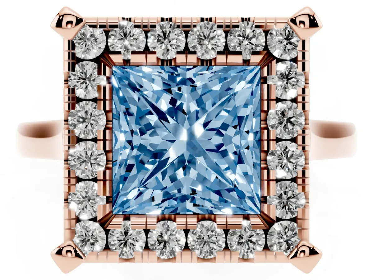 Fancy Blue Princess Cut Diamond Cluster Halo Solitaire with Four-Prong Setting Rose gold
