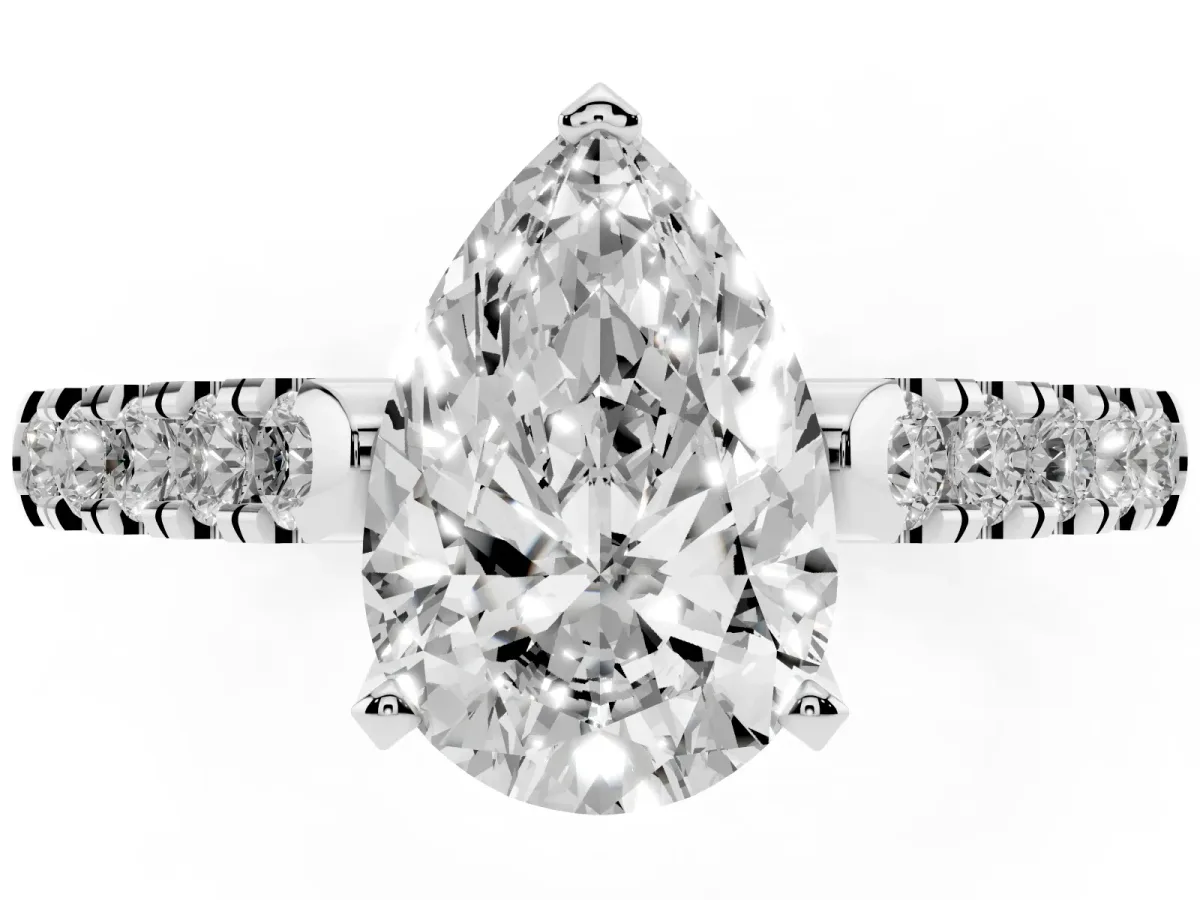 Pear Cut Diamond Pavé Band Solitaire Ring with Prong Setting Silver