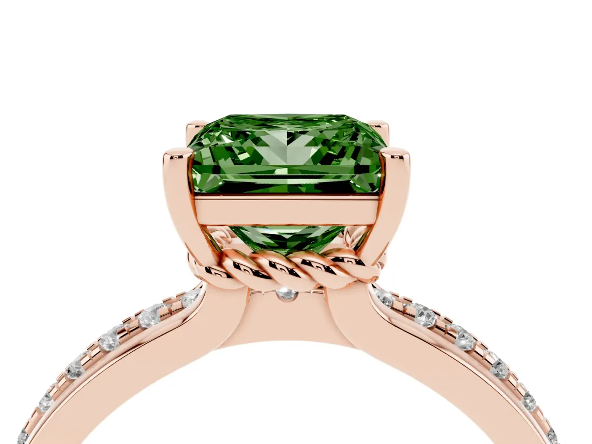 Fancy Green Princess Cut Solitaire Diamond Ring with Channel Set Band and Six-Prong Setting Rose gold