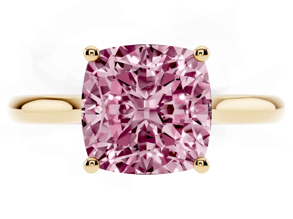 Fancy Pink Cushion Cut Cut Solitaire Ring with Cathedral Band and Four-Prong Setting Yellow gold