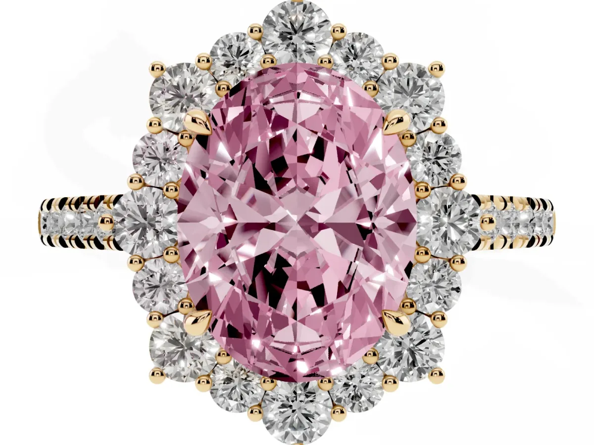 Fancy Pink Oval Cut Halo Diamond Ring with Pavé Band and Prong Setting Yellow gold